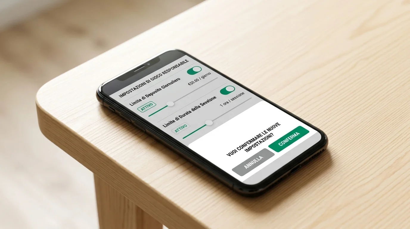 Smartphone con pannello impostazioni limiti di gioco su conto casinò online