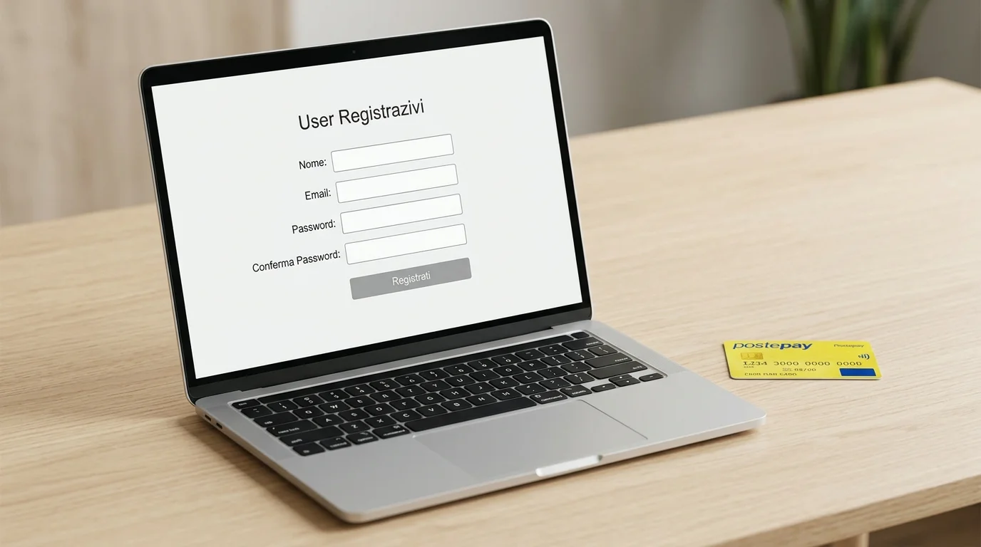 Laptop con pagina generica di registrazione utente di un cassiere casinò online accanto a una carta Postepay su scrivania