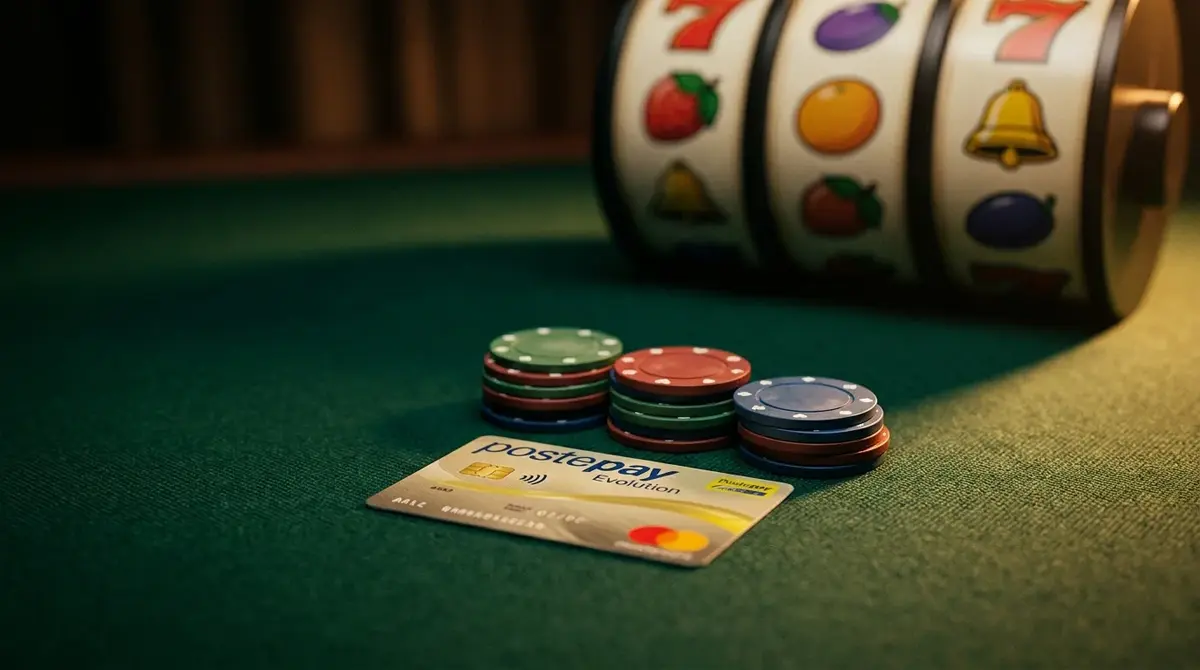 Fiches da casinò colorate impilate accanto a una carta Postepay Evolution su un tavolo da gioco verde con luce calda laterale