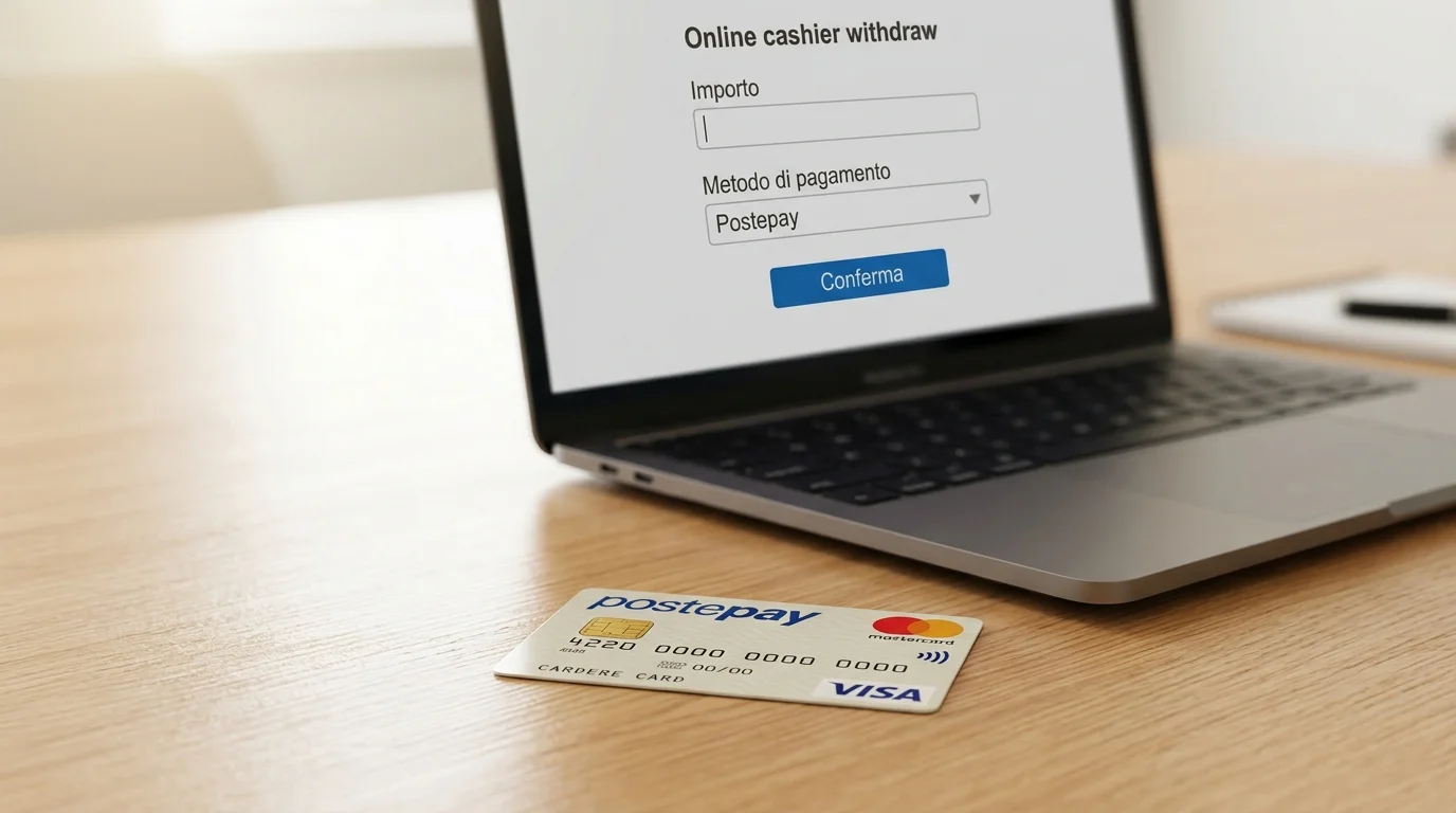 Carta Postepay su scrivania accanto a un laptop con interfaccia generica di cassiere casinò online per la richiesta di prelievo