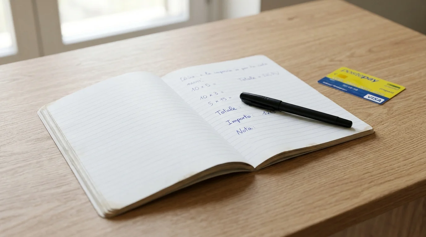 Quaderno aperto con appunti a penna sulla formula del wagering accanto a una carta Postepay sulla scrivania