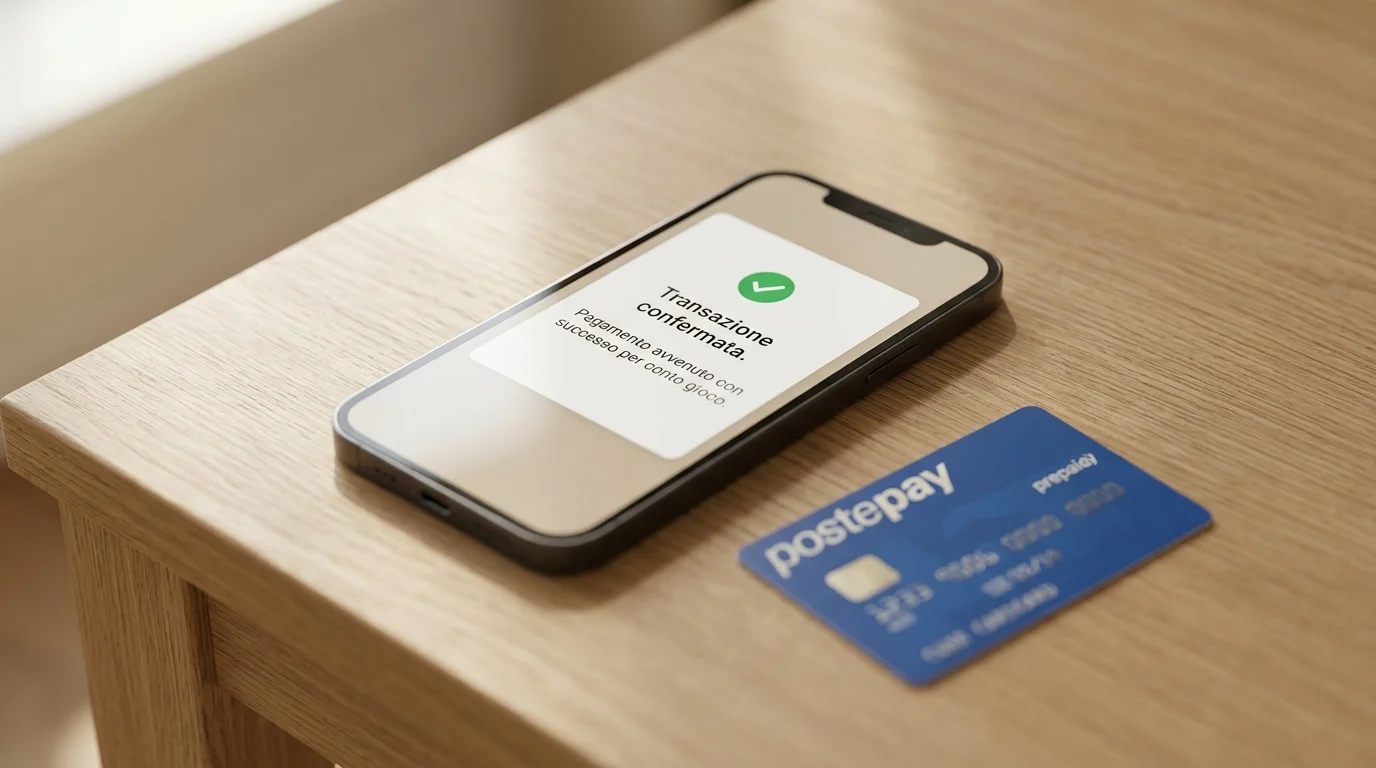 Smartphone con notifica generica di accredito su una scrivania accanto a una carta Postepay