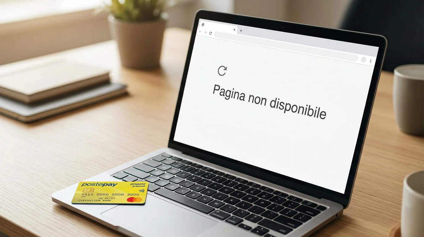 Schermo di un laptop con pagina di errore di accesso a un sito web bloccato, accanto una carta Postepay su una scrivania