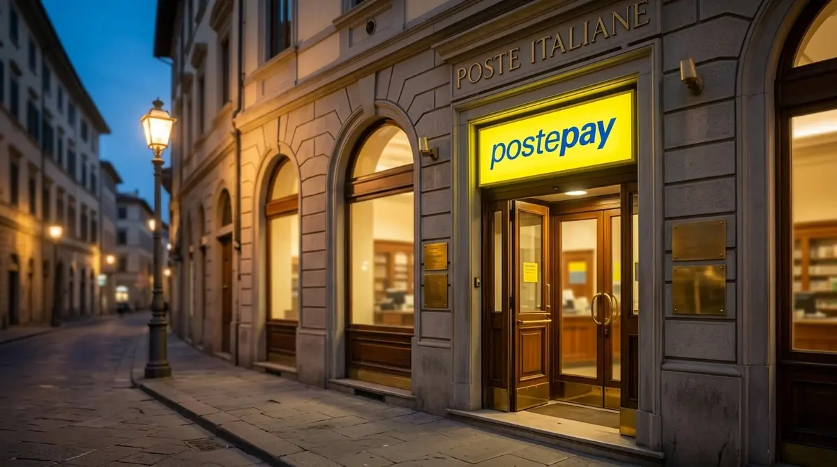 Insegna luminosa di un ufficio Poste Italiane di sera con la scritta Postepay in primo piano, simbolo della carta prepagata più diffusa in Italia