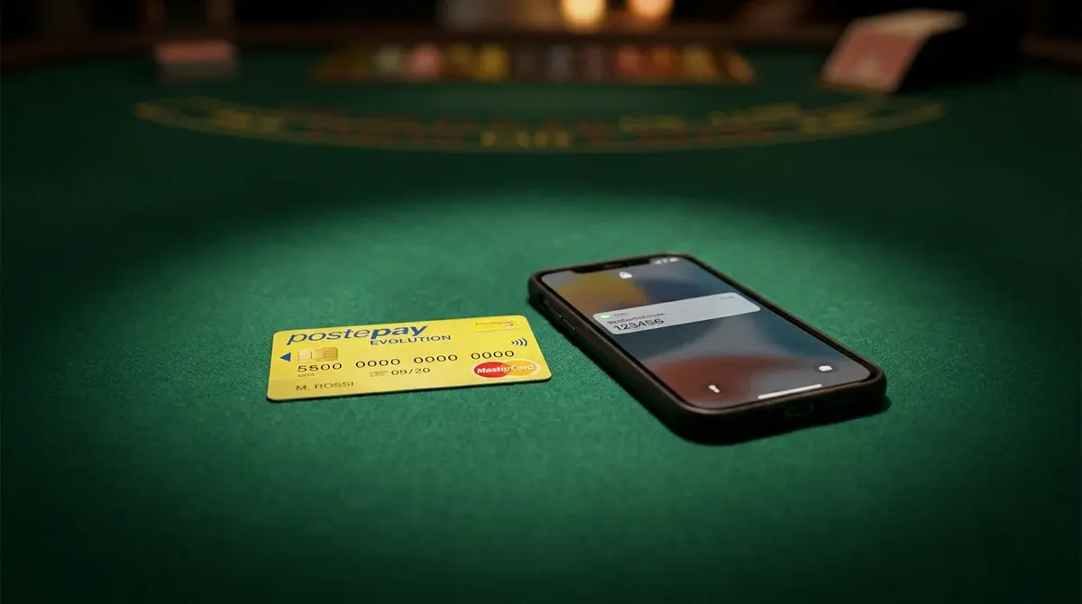 Carta Postepay Evolution e smartphone con notifica SMS posati su un tavolo da gioco verde scuro illuminato dall'alto