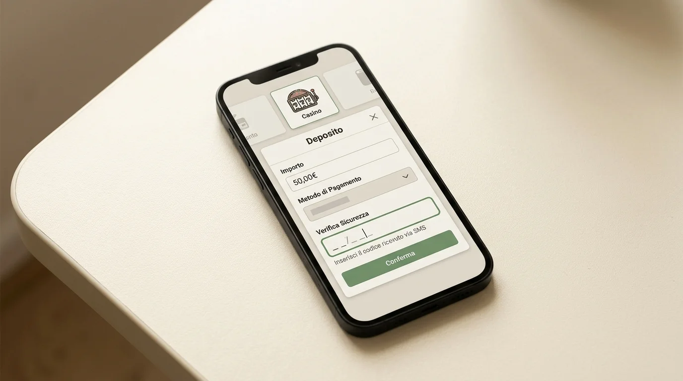 Smartphone con schermata di deposito casinò online e campo per codice OTP via SMS