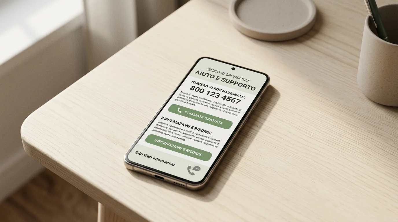 Smartphone con pagina informativa di linea di supporto per il gioco responsabile
