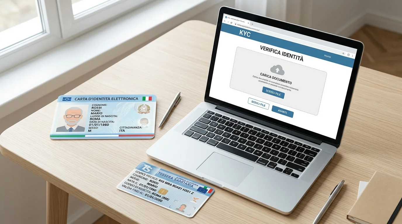 Documento di identità italiano e tessera sanitaria sul tavolo, schermata di verifica KYC su cassiere ADM