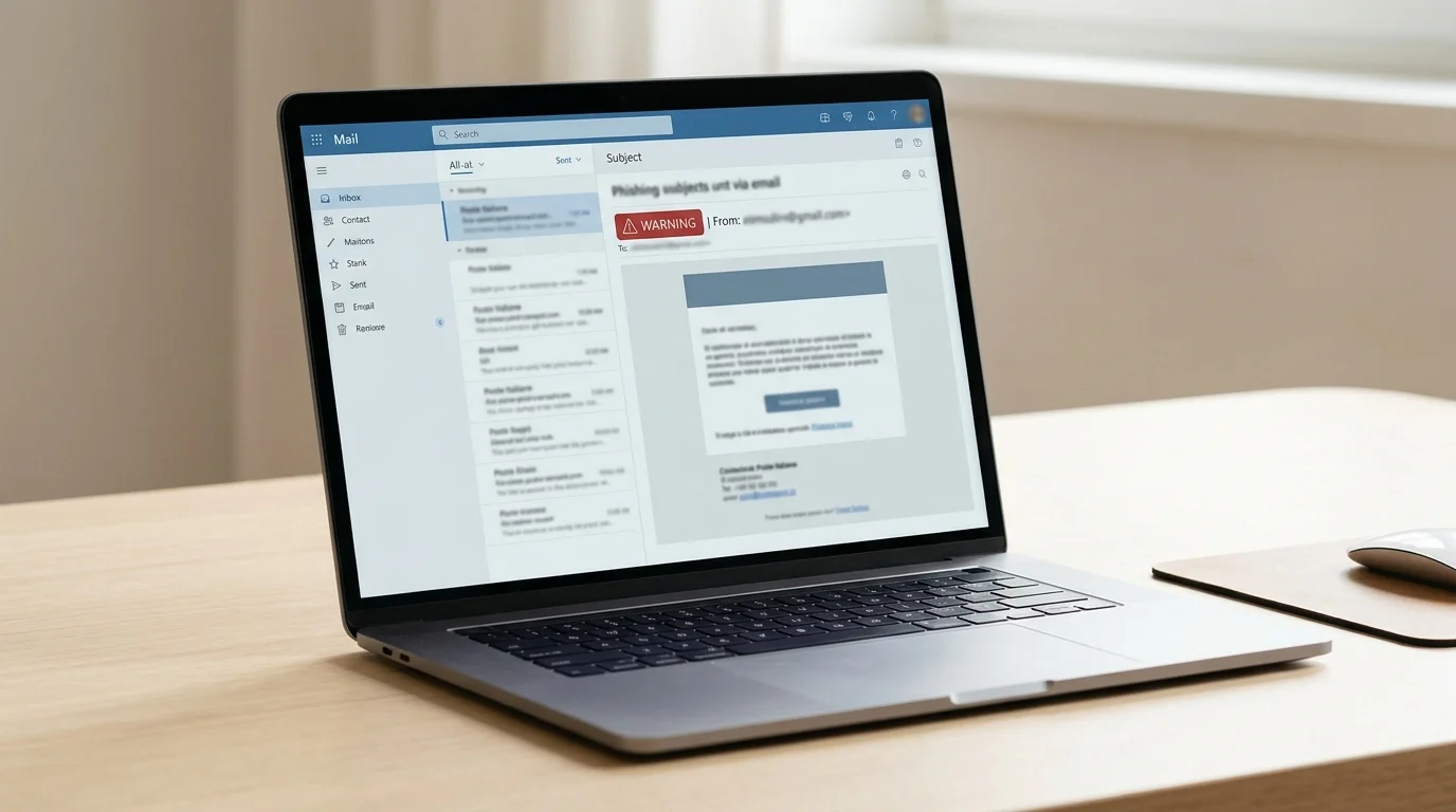 Laptop con client email che mostra un messaggio sospetto con indicatore di avviso