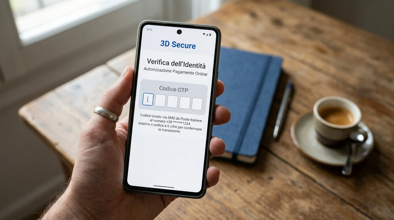 Mano che tiene uno smartphone con schermata di autenticazione 3D Secure e codice OTP inviato via SMS da Poste Italiane