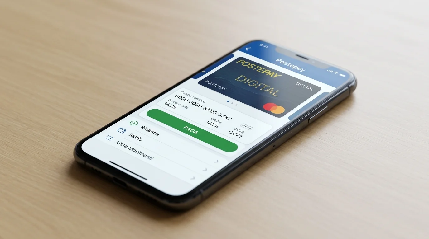 Schermata dell'app Postepay con carta Digital virtuale pronta per un deposito su cassiere ADM