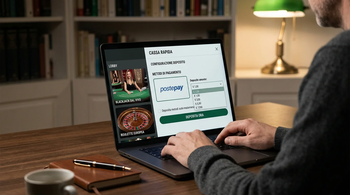 Laptop con interfaccia cassiere casinò online che mostra tavolo live blackjack e roulette