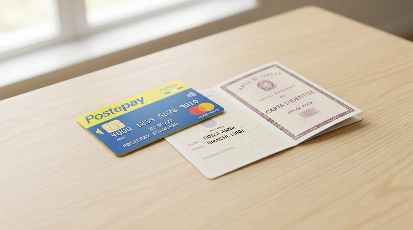 Carta Postepay e documento d'identità italiano con nomi differenti su una scrivania, regola dell'intestatario unico per il conto di gioco ADM