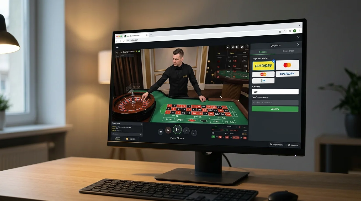 Tavolo live di roulette con dealer in diretta e finestra di deposito Postepay aperta accanto
