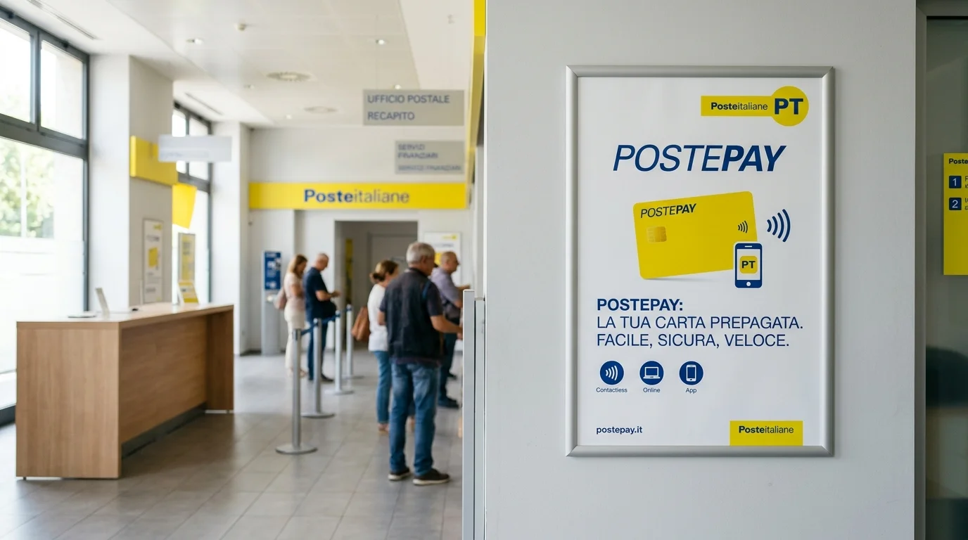 Vetrina di un ufficio Poste Italiane con cartelloni Postepay che indicano la diffusione della carta prepagata sul mercato italiano