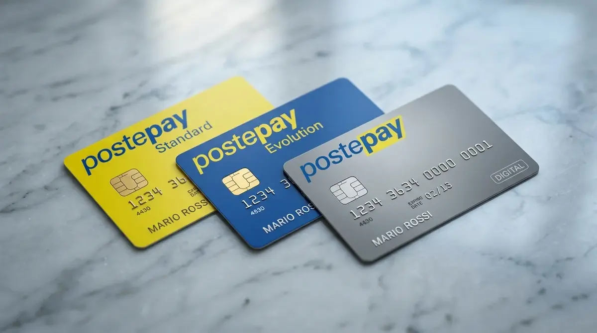 Tre carte Postepay diverse — Standard, Evolution e Digital — disposte a ventaglio su tavolo di marmo grigio chiaro con luce diurna naturale