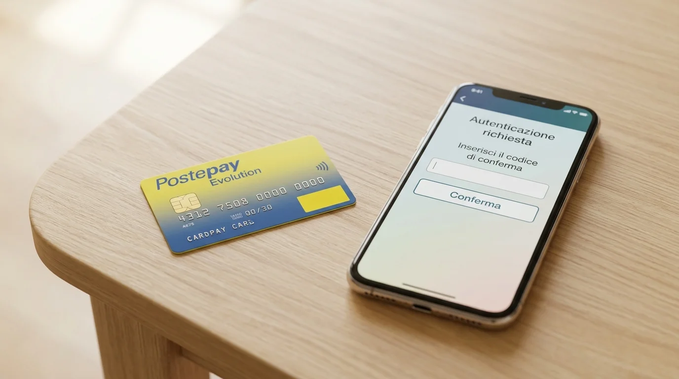 Carta Postepay Evolution su scrivania accanto a smartphone con schermata di autenticazione bancaria generica per pagamento open banking