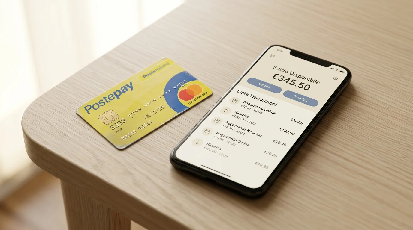 Carta Postepay e smartphone con app di e-wallet generica affiancati su una scrivania, confronto tra carta prepagata e wallet per i casinò ADM