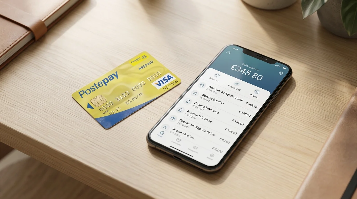 Carta Postepay accanto a uno smartphone con app di e-wallet generica, scelta del metodo di pagamento per casinò ADM
