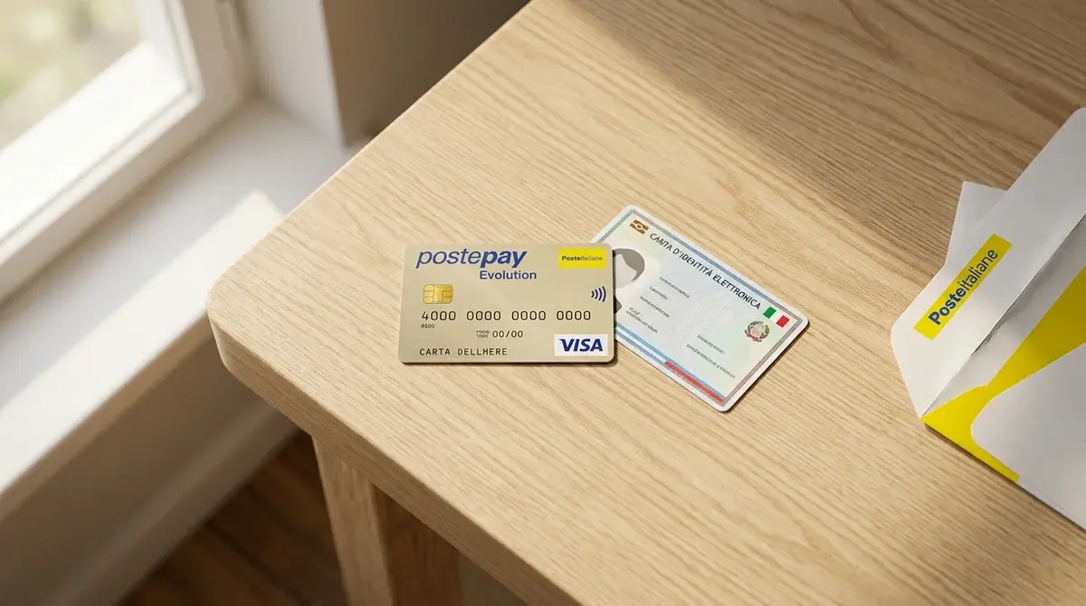 Carta Postepay Evolution con codice IBAN accanto a un documento d'identità italiano e una busta di Poste Italiane su tavolo di legno chiaro
