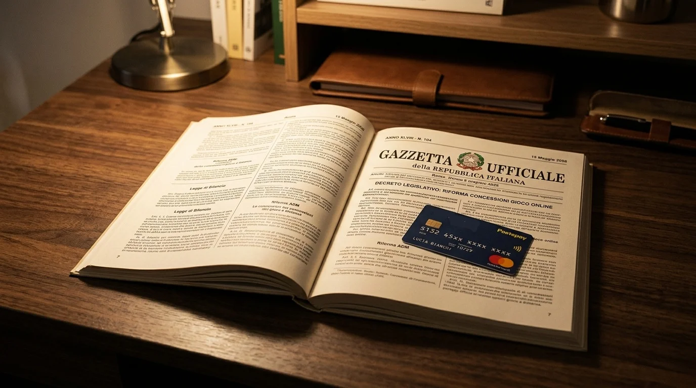Copia della Gazzetta Ufficiale italiana con il D.Lgs. 41/2024 sulla riforma del gioco a distanza, accanto una carta Postepay