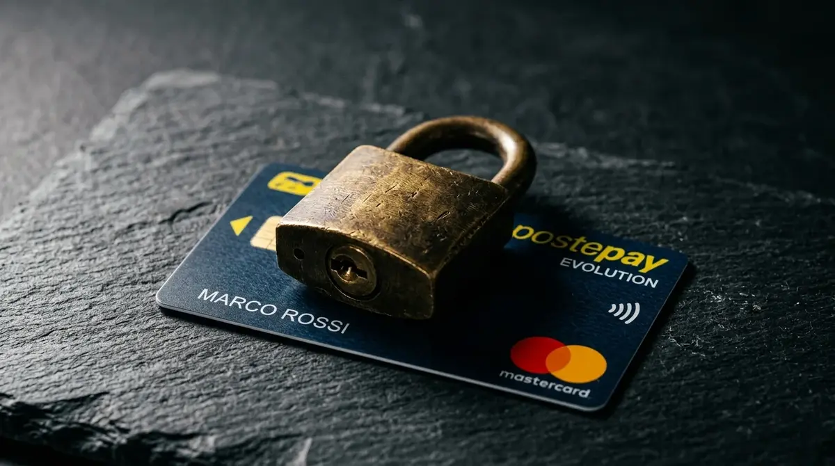 Carta Postepay Evolution protetta da un piccolo lucchetto metallico chiuso posato sopra, su superficie scura con luce drammatica laterale