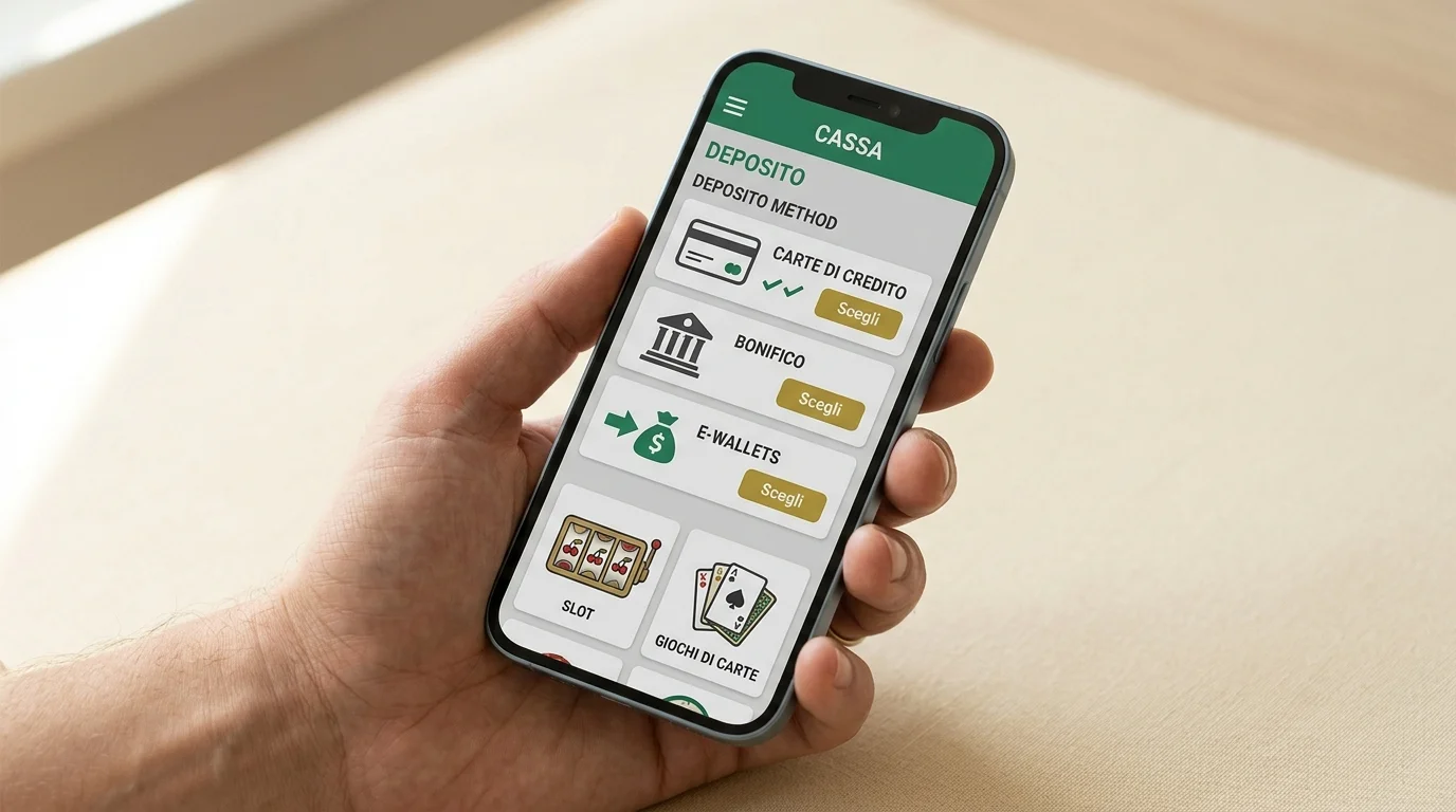 Smartphone con schermata di selezione del metodo di deposito su cassiere casinò online