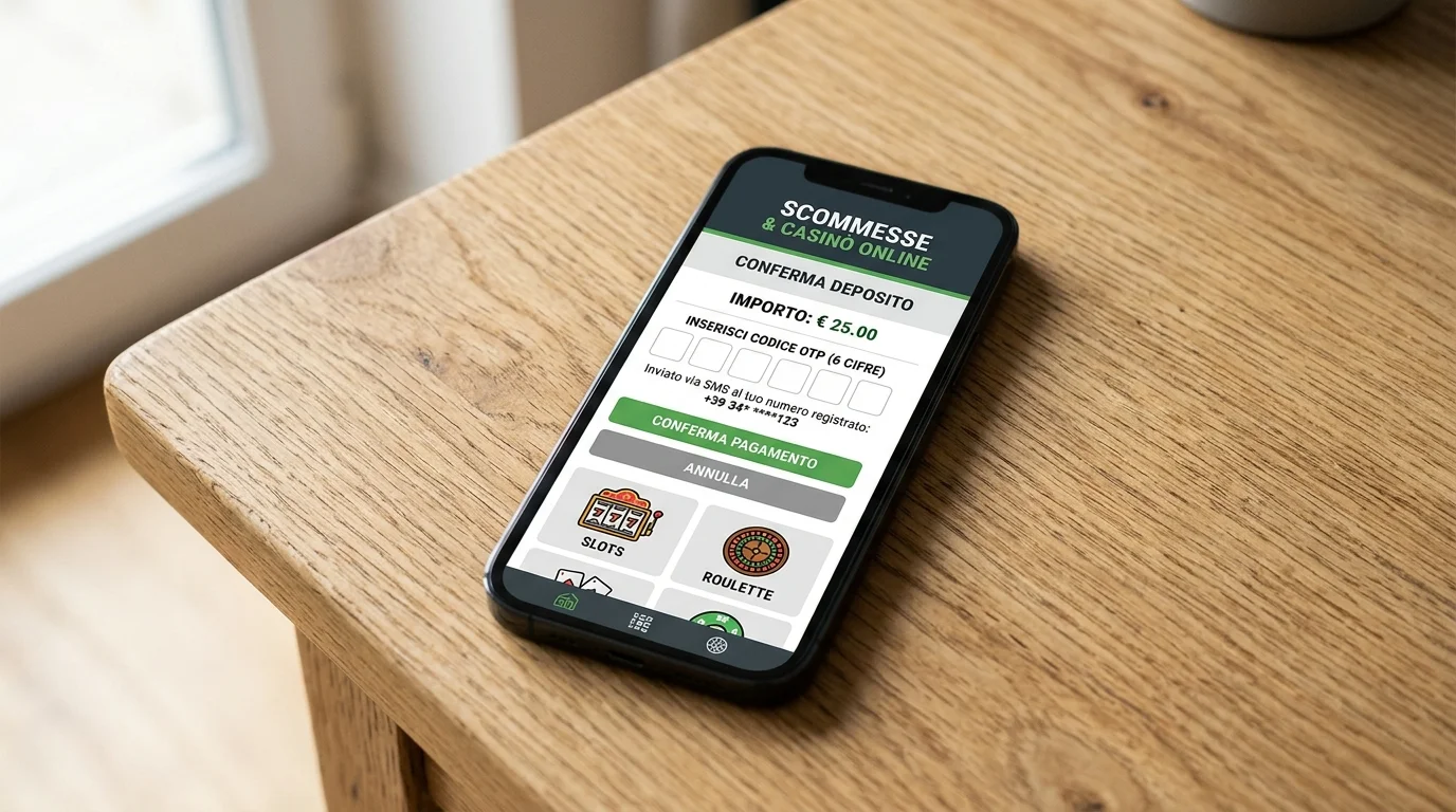 Smartphone con schermata di deposito su app casinò online con campo OTP